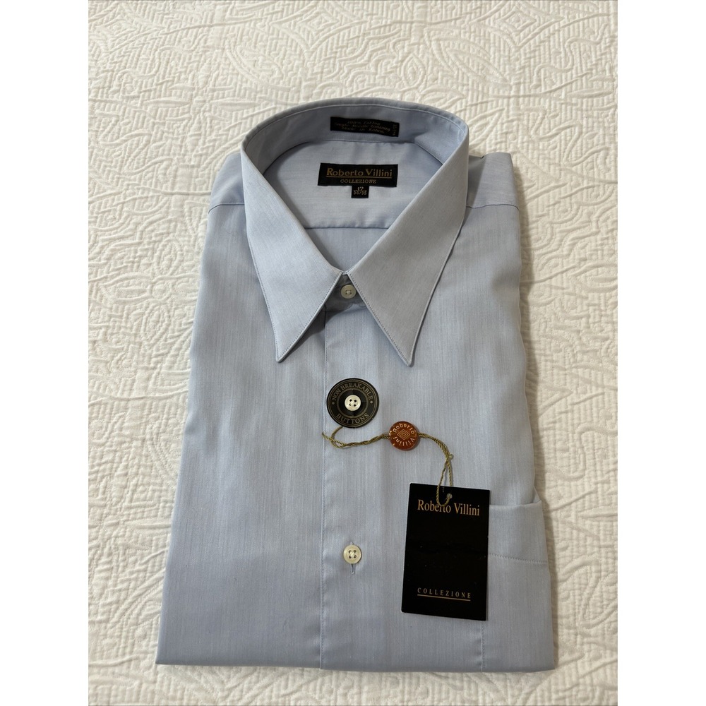 NWT Roberto Villini Collezione Button Up Sz 17 34/35 Blue Long Slv Dress Shirt